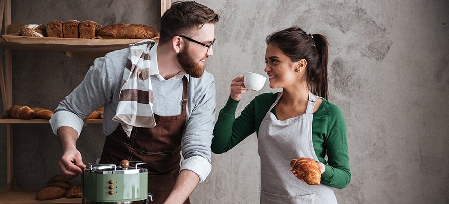 Cheerful Loving Couple Bakers Drinking Coffee2